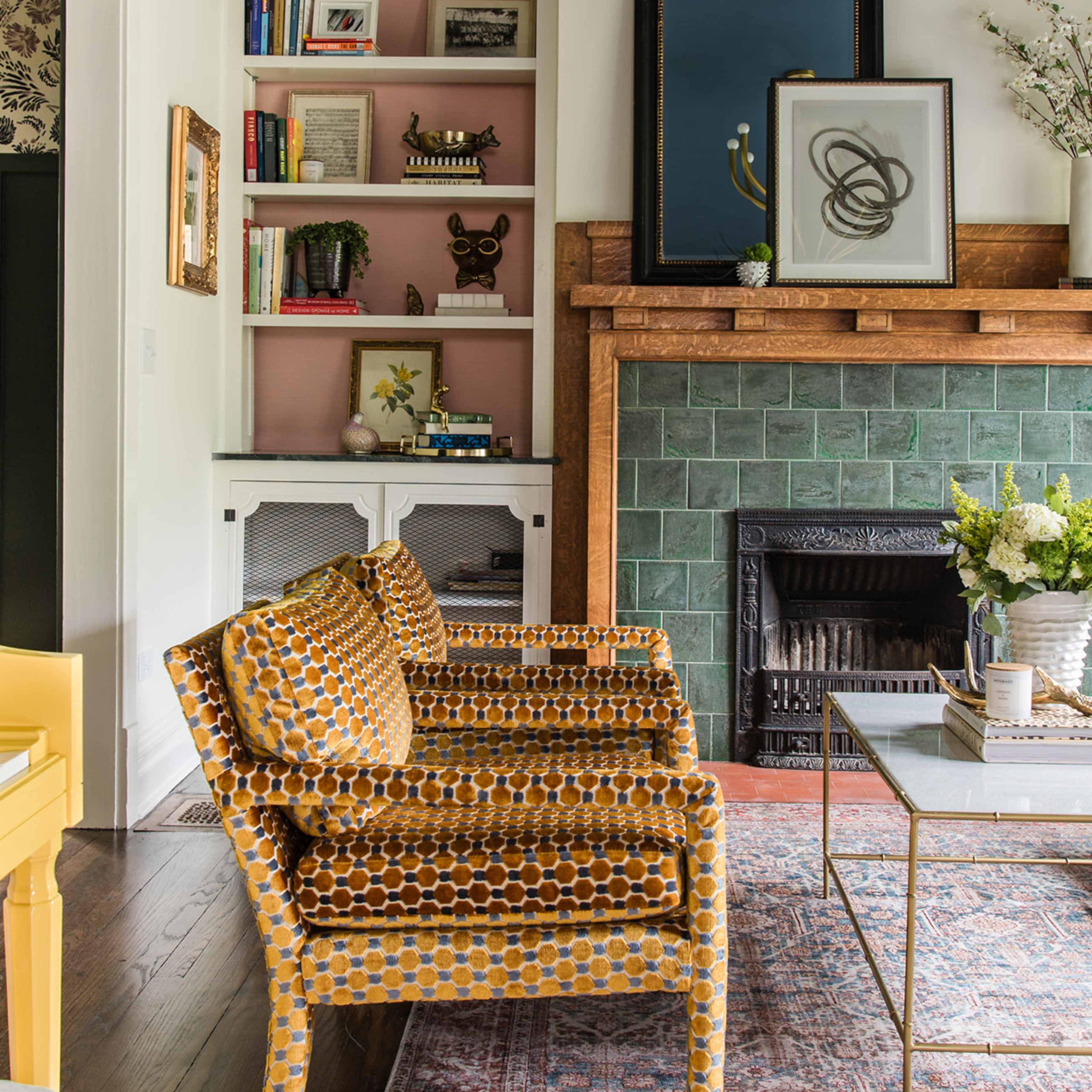 A front living room with pattern and color